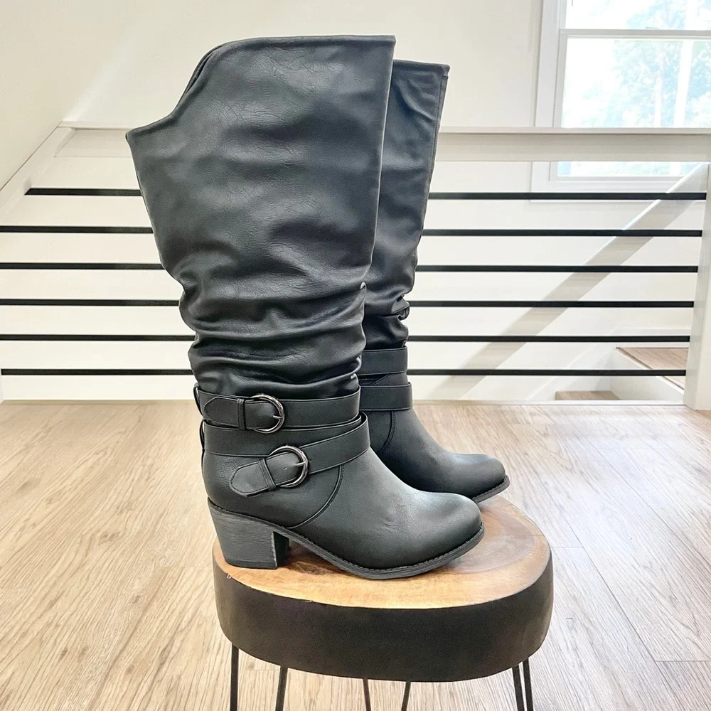 Black, vegan faux leather double buckle block heel knee-high boots